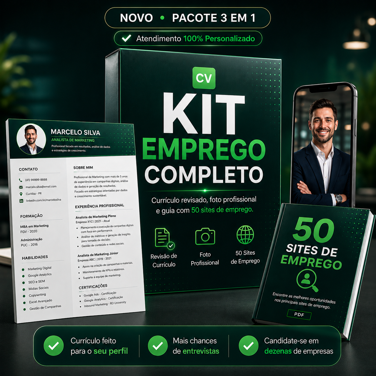 Kit Emprego Completo com currículo revisado, foto profissional e guia com 50 sites de emprego